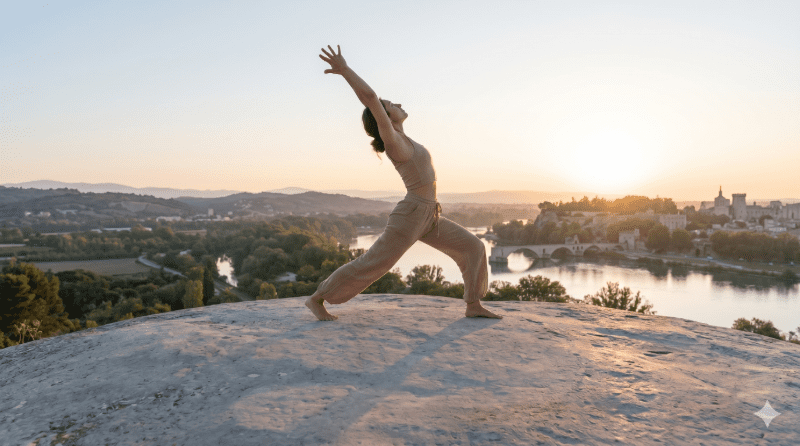 Une femme effectuant une position de salutation au soleil sur un rocher sur les hauteurs d'Avignon.